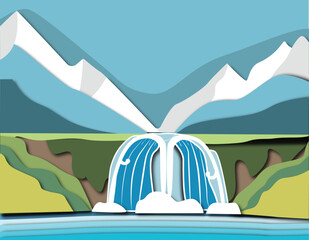 Waterfall papercut drawing blue tone vector - 672530806