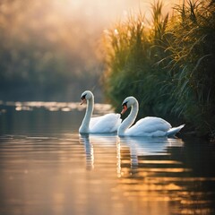 AI generated illustration of two majestic white swans gracefully swimming in a tranquil water
