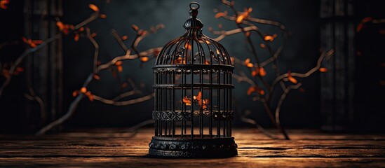 The antique bird cage is being depicted in a three dimensional digital image - obrazy, fototapety, plakaty