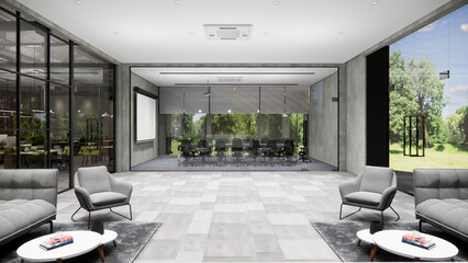 Interior Empty Modern Loft Office open space modern office footage.Modern open concept Lobby and reception area meeting room design.4k .Rendering 3d.