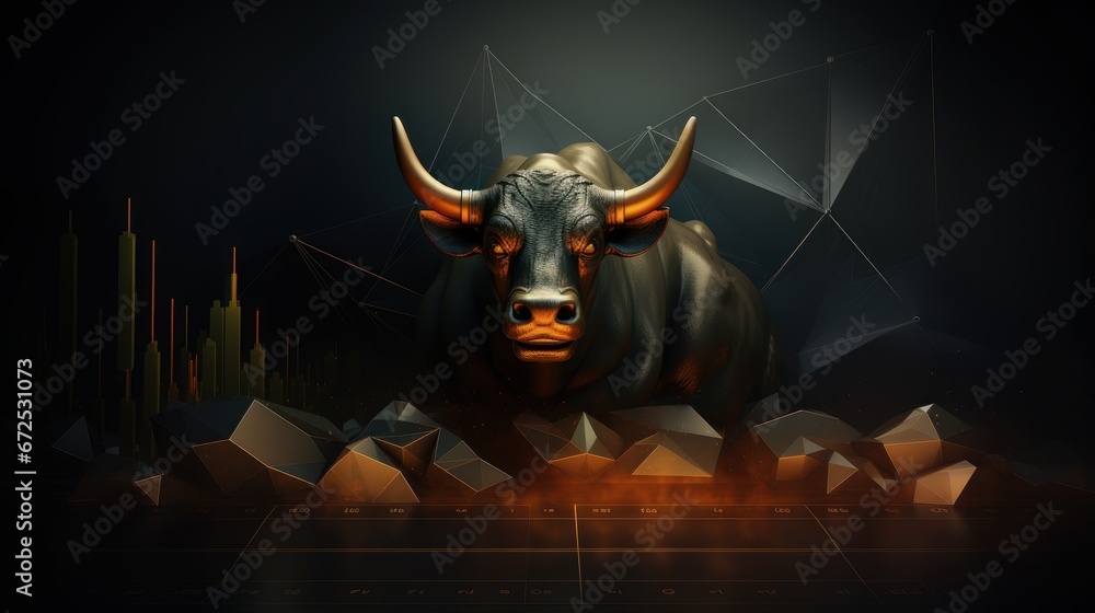 Wall mural Bull bullish divergence in stock market and crypto currency trading, Bullwith green graph background