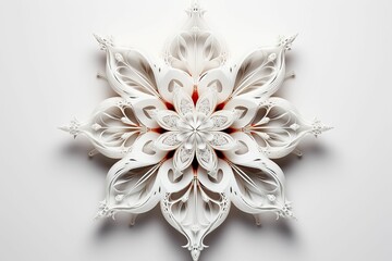 the white paper snowflake is made from an intricate ornament