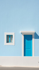 a blue door and a white wall with a window