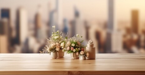 Wooden table with flowers in vase on blurred city background, mock up