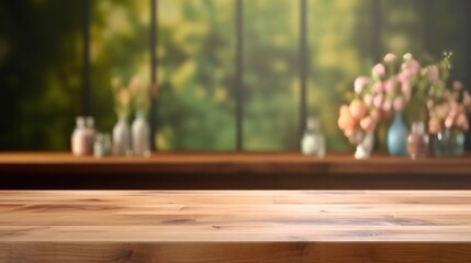 Empty wooden table and blurred background of cafe or restaurant. For product display