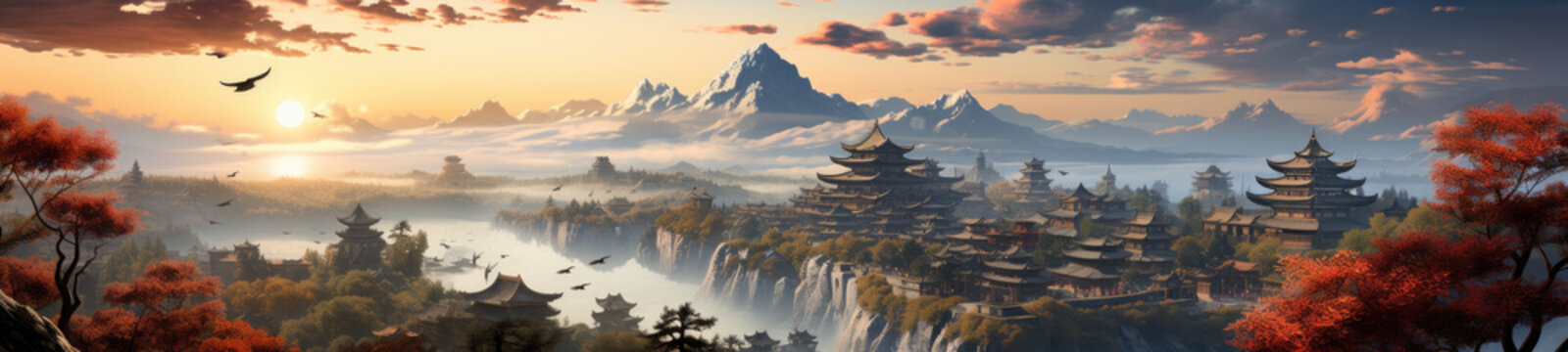 The mountains host Chinese ancient architecture, where the past and nature intertwine, creating a serene and picturesque scene.
