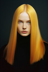 a woman with long yellow hair and a black turtle neck