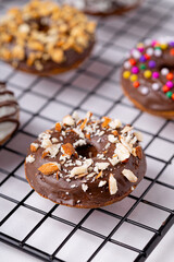 Chocolate donuts, on white background.