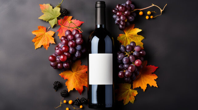 Bottle of wine with ripe grapes and orange leaves isolated on a white background Bottle of red wine with label Wine bottle mockup. top view, flat lay with copy space