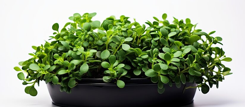 The photo showcases Common Purslane or Pusley planted in a black plastic pot captured in a studio setting and presented against a white background