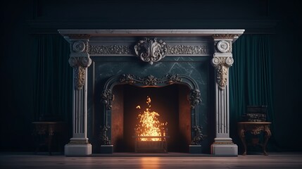 Luxury classic interior with fireplace. 3D Rendering. - obrazy, fototapety, plakaty