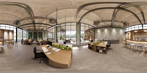 3d illustration spherical 360 vr degrees, a seamless panorama of the room and office. interior design 3D rendering.reception in a modern panoramic office