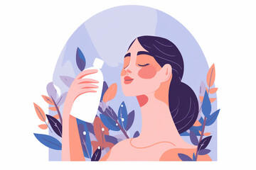  girl washing her face. Skincare spa relax concept. Woman holding organic cosmetic products. 