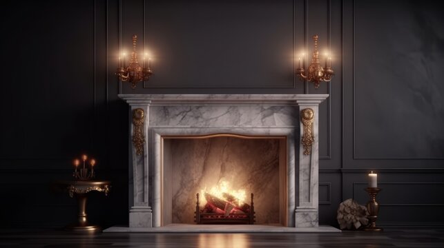Classic fireplace with burning firewood in classic interior. 3d render