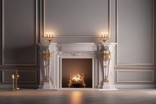 Classic interior with fireplace and classic furniture. 3d render illustration.