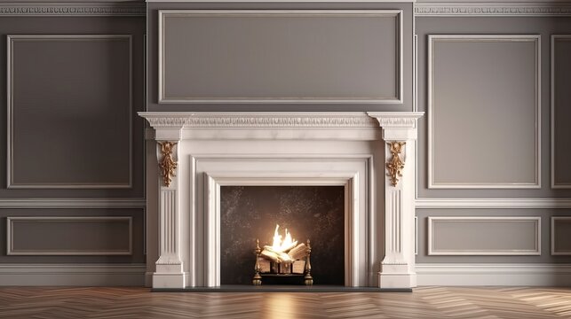 Classic interior with fireplace and armchair. 3d render illustration.