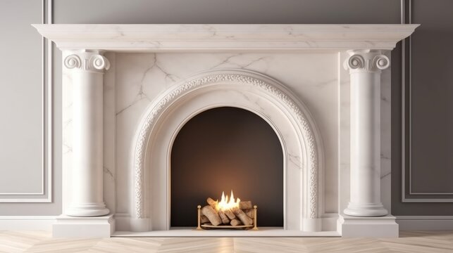 Modern classic fireplace in the room. 3d render illustration mock up