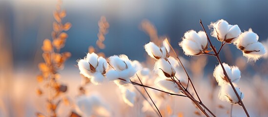 In a wintry scene there is a fluffy cottony weed with a white billowy appearance The background features a soft blurred effect known as bokeh - obrazy, fototapety, plakaty