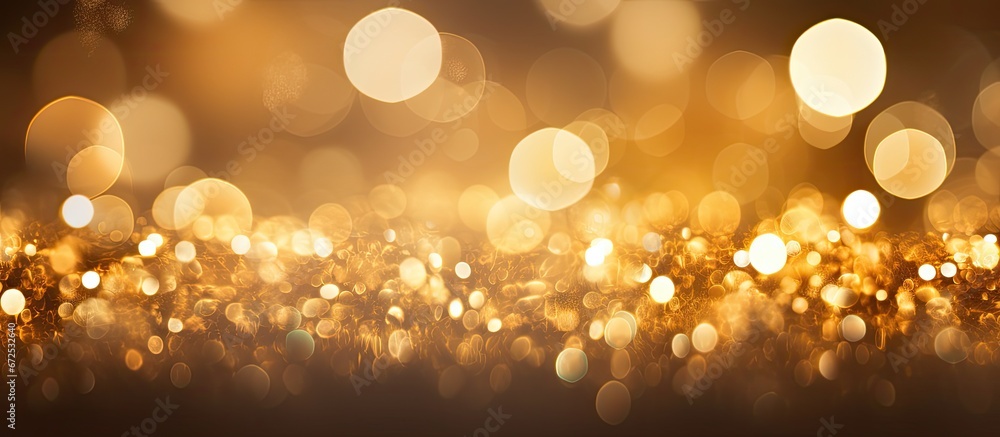 Poster summary of a luxurious design background featuring a bokeh effect with bright and sparkling golden l