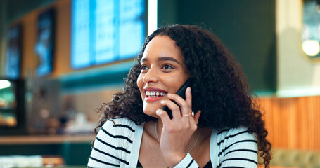 Phone call, relax or happy woman in cafe talking in mobile conversation as communication. Smile, networking or entrepreneur in discussion at a coffee shop speaking or thinking of ideas on cellphone