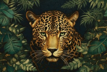 Leopard in jungle painting on the wall. Hand drawn illustration.