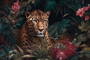 Leopard in the jungle with tropical flowers. Digital painting illustration.