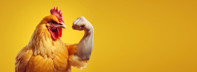 Muscle chicken gesture fist pump with copyspace, Rooster fighter showing fighting pose on bright color studio background - obrazy, fototapety, plakaty