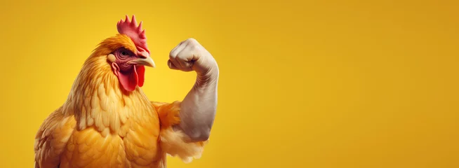 Foto op Plexiglas Muscle chicken gesture fist pump with copyspace, Rooster fighter showing fighting pose on bright color studio background © CYBERUSS