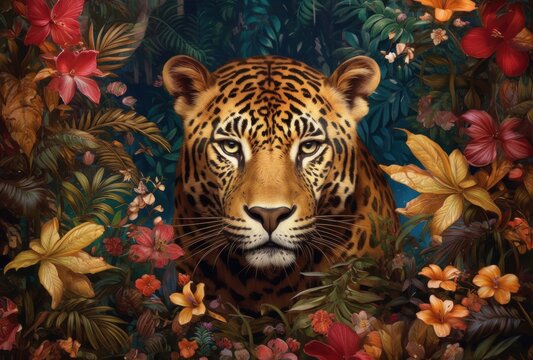 Jaguar on the background of tropical flowers. The painting on canvas.