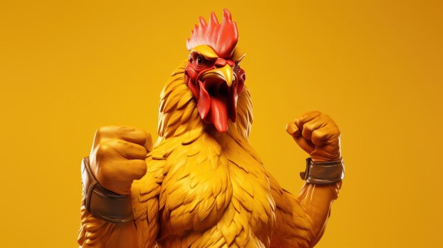 Muscle chicken gesture fist pump, Rooster fighter showing fighting pose on bright color studio background