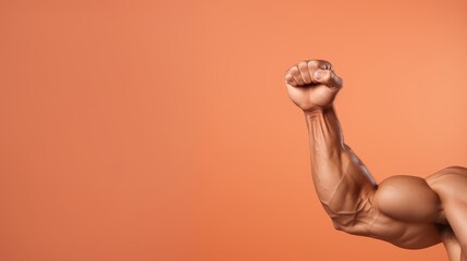 Close up of a power fitness bodybuilder arm, Muscular man showing fighting pose, Gesture fist pump....