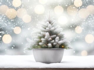 Snowy bokeh panorama with a potted Christmas tree set against a large neutral-colored canvas, soft edges, and blurred details create a Lightbox effect
