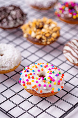 Chocolate donuts, on white background.