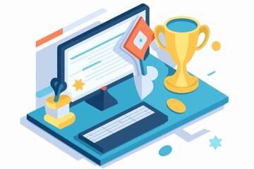 AI generated illustration of a contemporary office workspace featuring a laptop and a golden trophy