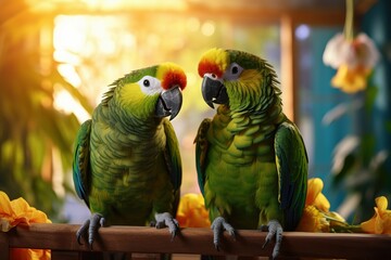 Obraz premium Two funny, curious parrots are sitting on a wooden perch. A couple of birds are sitting on a tree branch. Portrait.