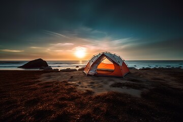 Tent on the sandy seashore against the sunset. Camping tent on the shore of a pond in the sun. Without people. Concept. Tourism, recreation, travel, solitude in nature.