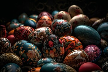 AI generated illustration of a collection of multi-colored Easter eggs arranged in a neat stack