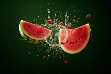 Fototapeta premium Watermelon with water splash on black background. 3d illustration.