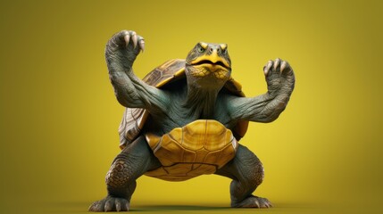 Muscle turtle gesture fist pump, Mutant turtle showing fighting pose on bright color studio background