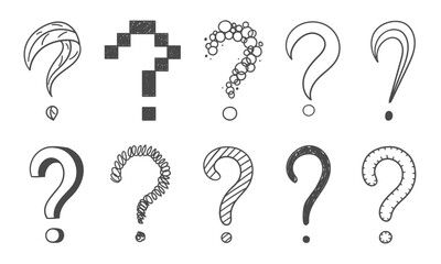 Hand drawn question marks, doodle set collection