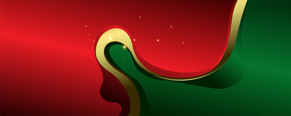 Abstract red and green wave background with golden ribbon