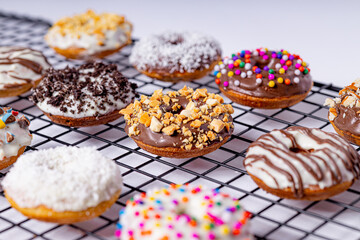 Chocolate donuts, on white background.