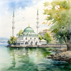 Fototapeta na wymiar Watercolor Painting of Mosque Dome in Green and Navy