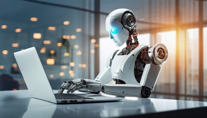 Obraz premium Digital Workforce: Robot and Computer Collaboration