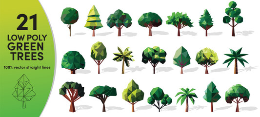 Set of Low Poly green trees. Geometric polygonal style collection. 100% Vector 3d with shadow - obrazy, fototapety, plakaty
