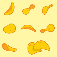 Crispy potato chips, vector illustration with crunchy snack pieces bunches. Isolated chips for advertising, package or promo ads, delicious food.