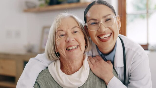 Face, smile and doctor with senior woman in home, healthcare or wellness. Portrait, happy medical professional and patient, funny people and hug at consultation, laughing and support at appointment