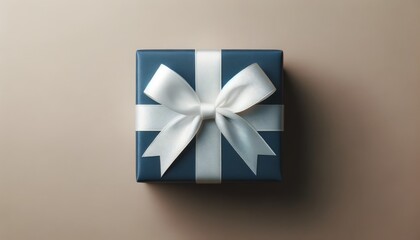 A blue gift with blue wrapping paper and white ribbon and white bow