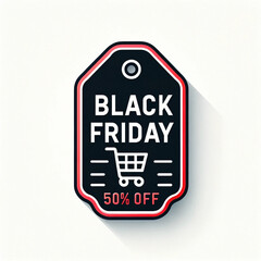 a Black Friday sale tag with a shopping cart and 50% off written on it, set against a white background with a red border.