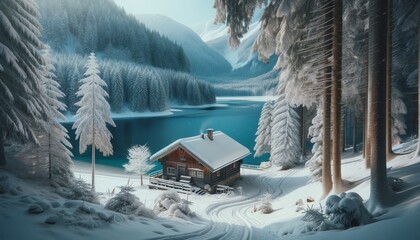 A wooden log cabin in the woods during the snowy winter cold